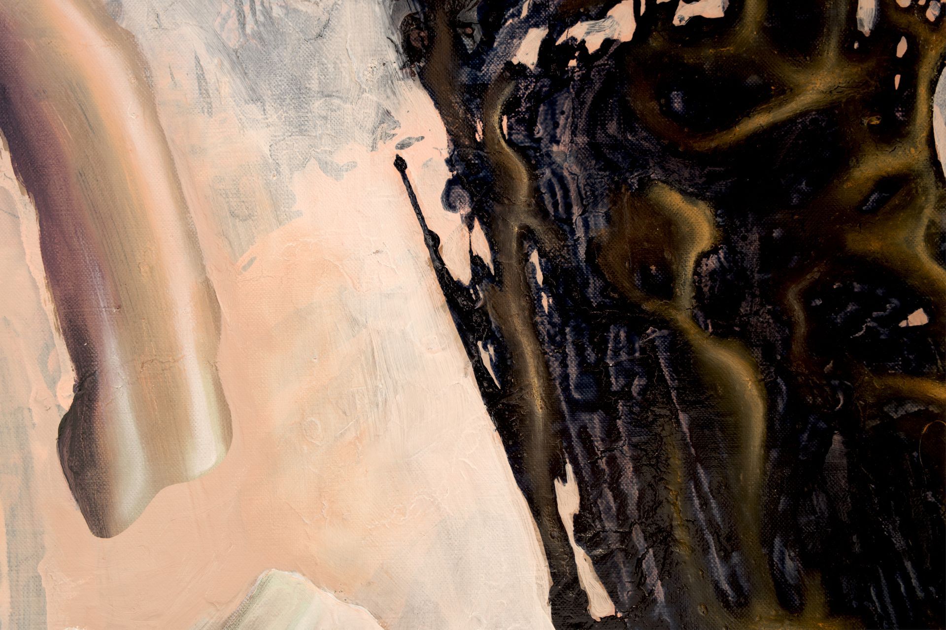 Detail of abstract beige and black splash painting by Lala Drona 2025