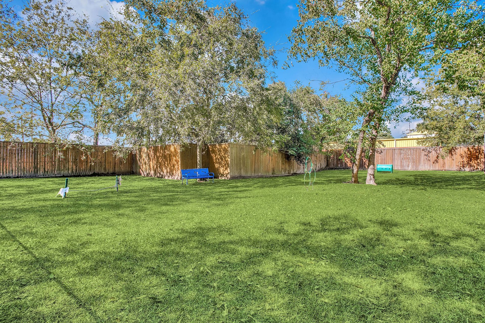 A lush green field with trees and a fence in the background at Marquis Champions Forest offers apartments with dog park  in Houston, TX.
