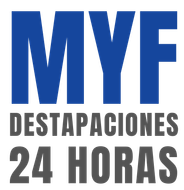 Logo azul y gris de “MYF Destapaciones 24 horas”