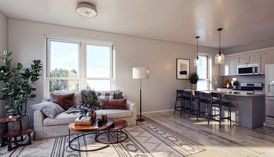 An artist 's impression of a living room and kitchen in a house.