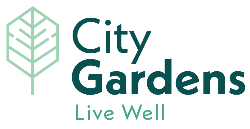 A logo for city gardens with a tree and the words `` city gardens live well ''.