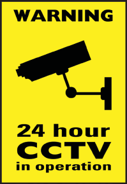 Yellow sign: Warning, black CCTV camera graphic, text 