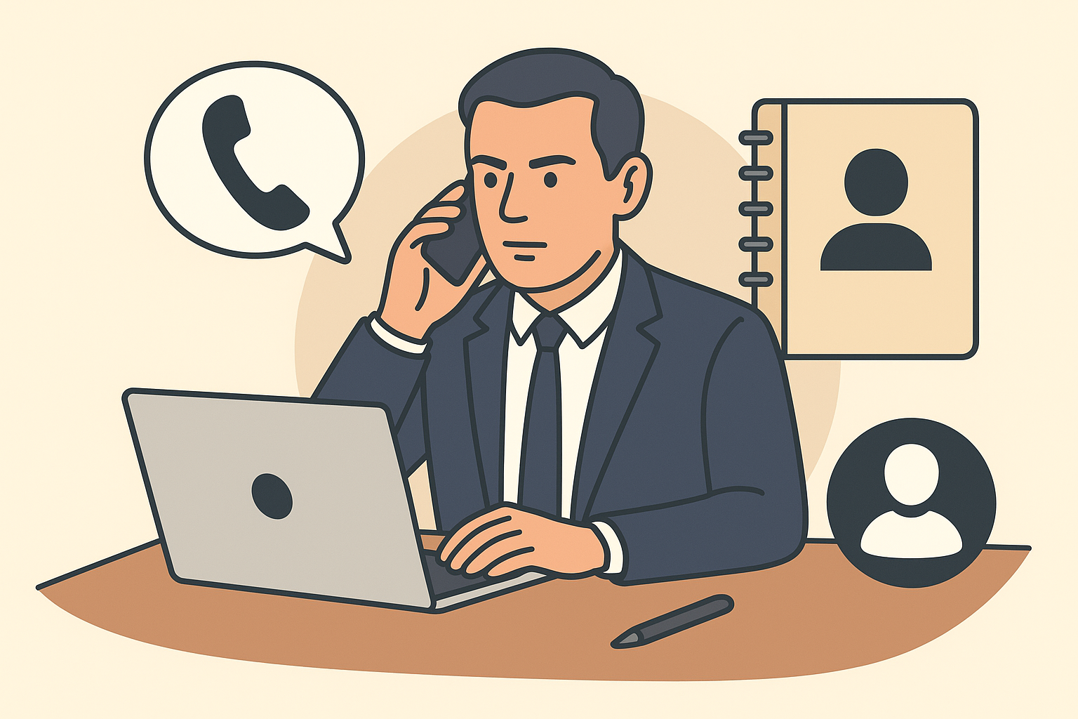 Man in suit on phone, using laptop, with address book and contact icon.