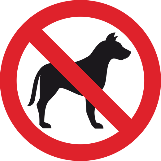 No dogs allowed sign: a black dog silhouette within a red circle with a red diagonal line through it.