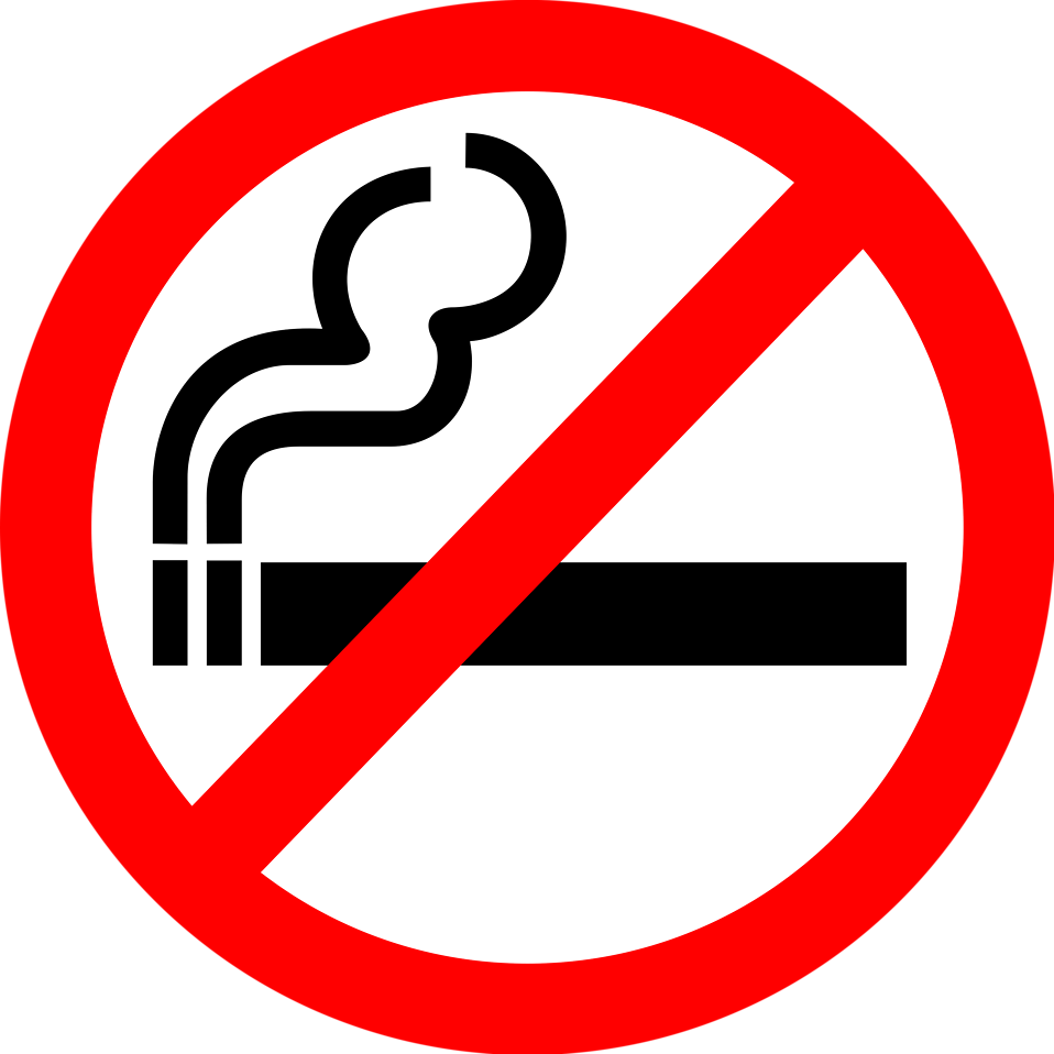No smoking sign: Cigarette with smoke crossed out by a red diagonal line and circle.