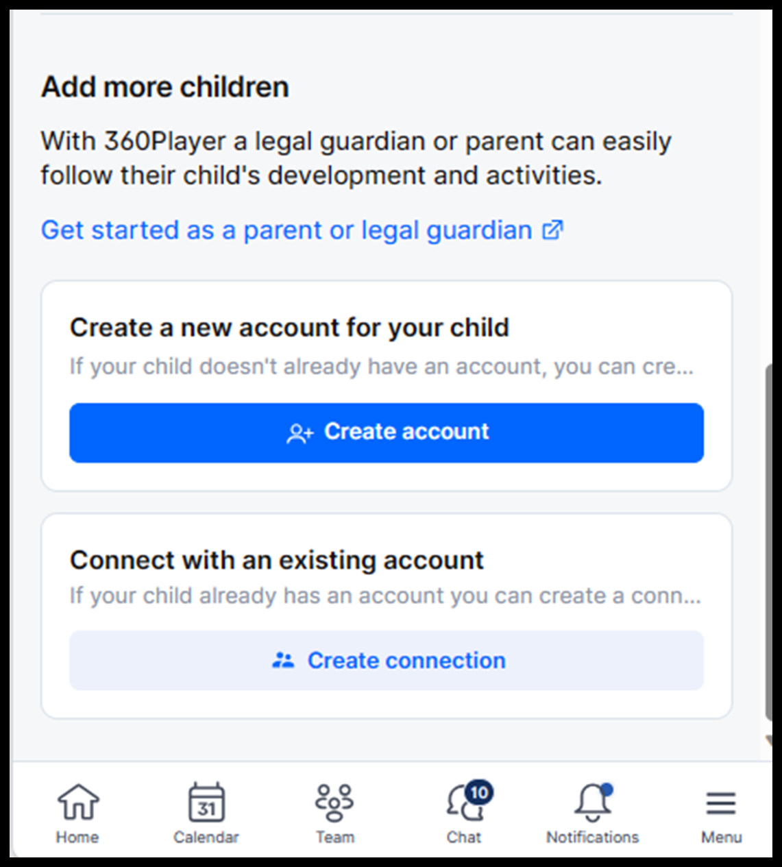 Screen displaying options to add more children to an account: create a new account or connect an existing one.