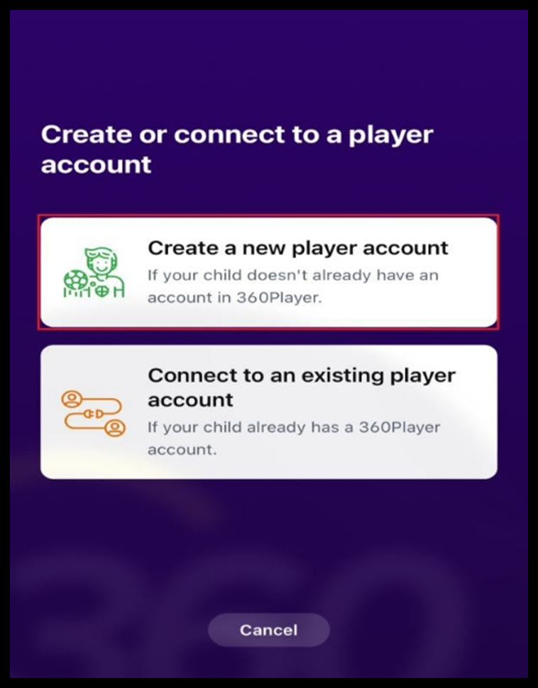A screen prompts to create or connect to a player account. Options: Create new or connect to existing. Cancel button.