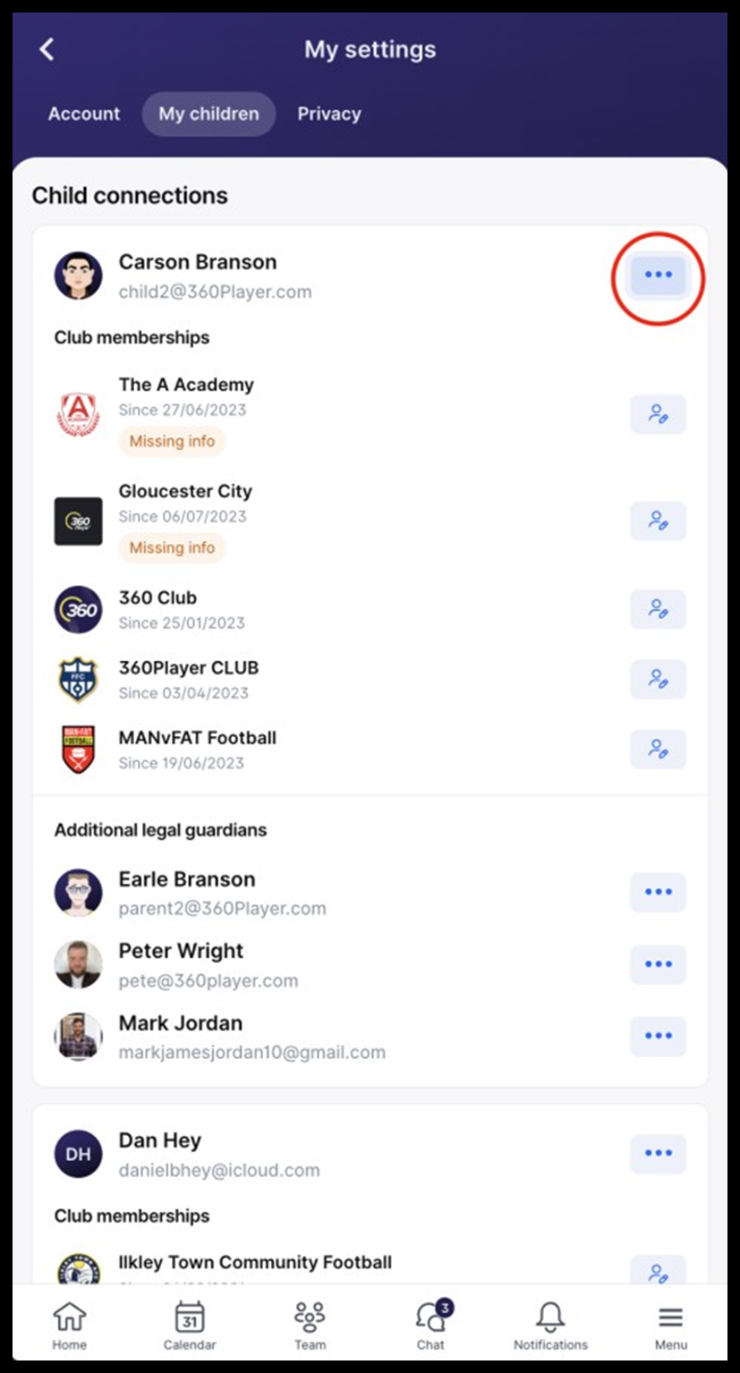 Mobile app screen listing child contacts and club memberships with an edit button.