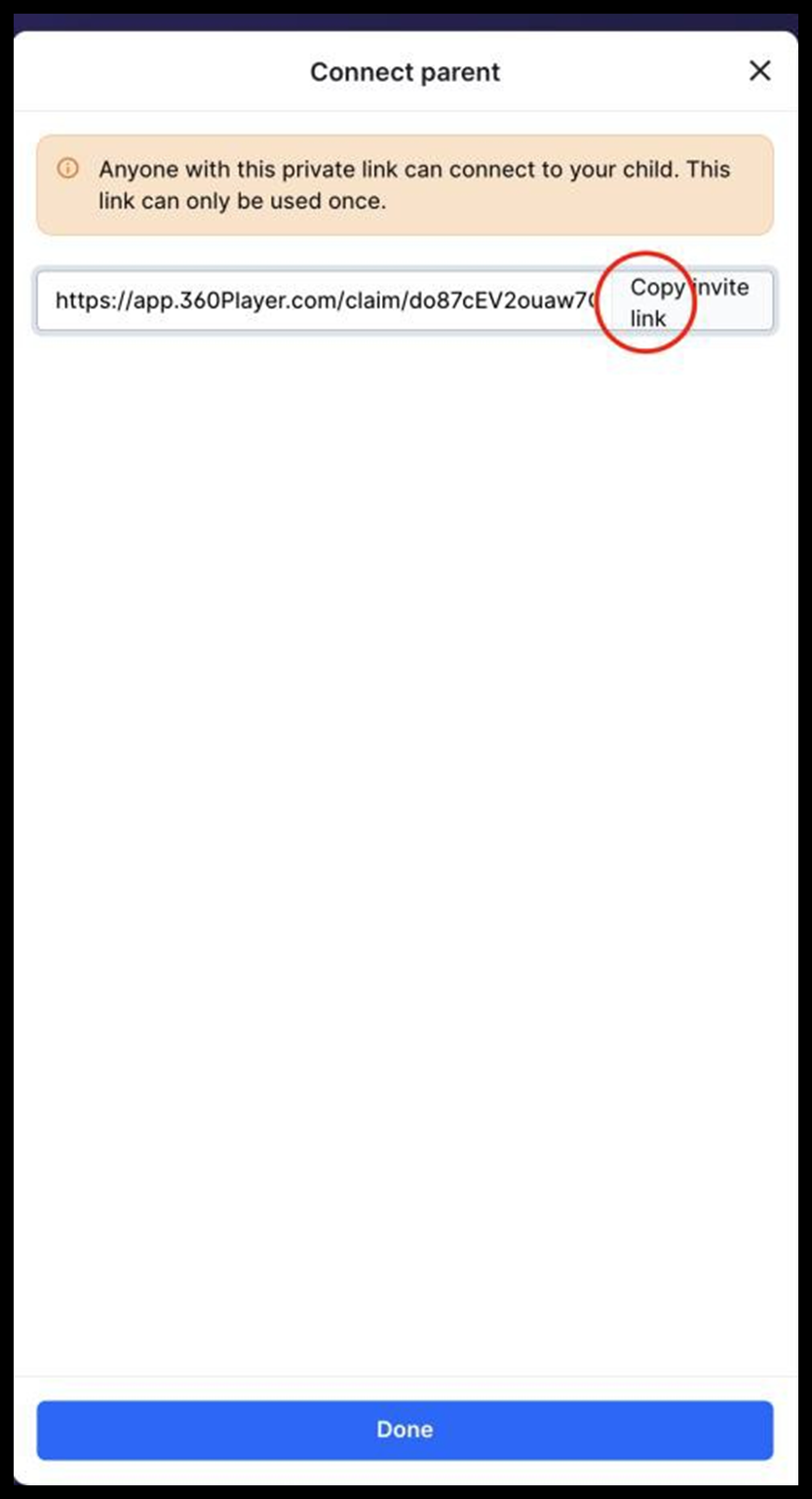Connect parent screen with a link to connect with child and copy button.