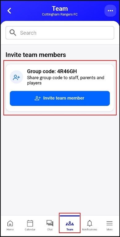 Screenshot of a mobile app screen inviting team members with a group code (4R46GH). Blue background.