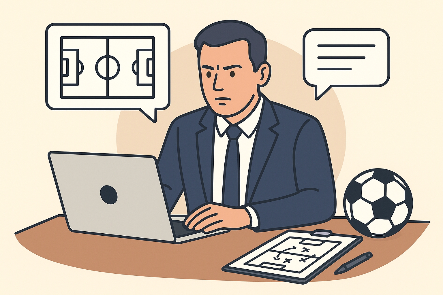 Soccer coach analyzing strategy on a laptop, with a soccer field diagram and playbook on a desk.