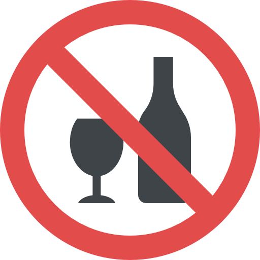 No alcohol sign: a glass and bottle with a red circle and slash.
