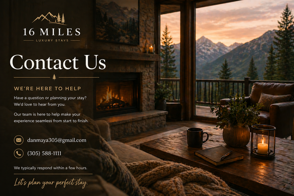 Contact Us page with cozy mountain cabin interior, sunset view, and contact details overlayed.