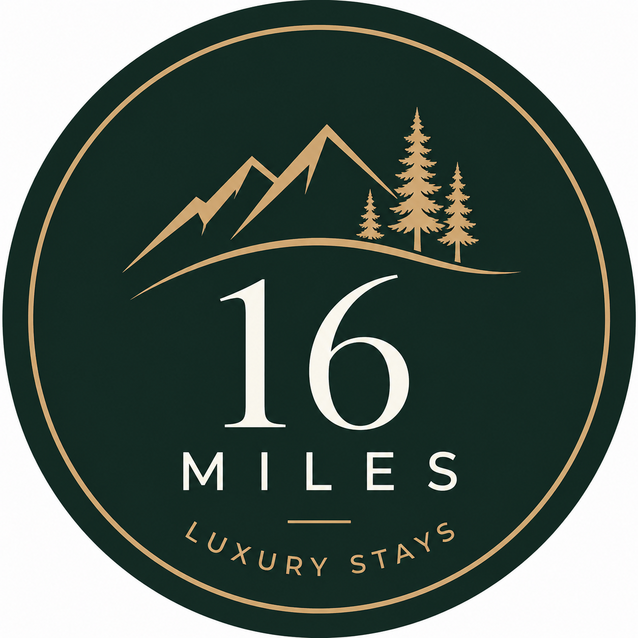 16 Miles Luxury Stays logo with gold mountain, trees, and text on dark green background