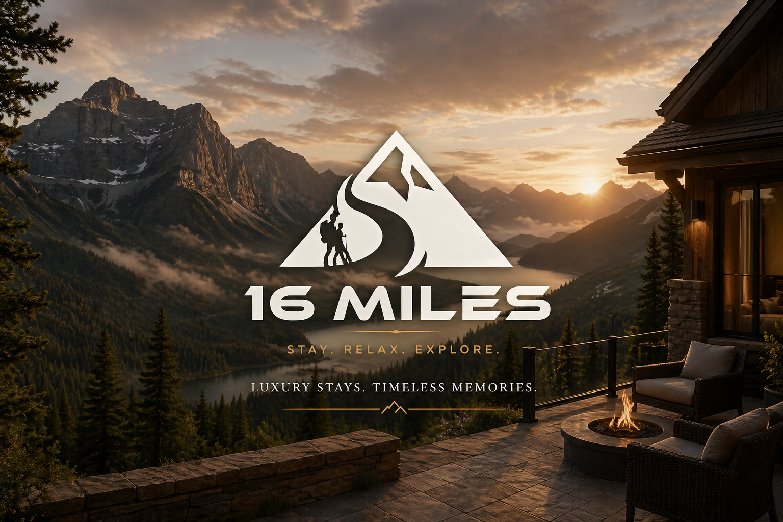 Mountain lodge at sunset with “16 MILES” logo over a scenic valley and cabin deck
