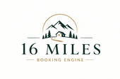 16 Miles Booking Engine logo with mountains, trees, and a cabin in green and gold