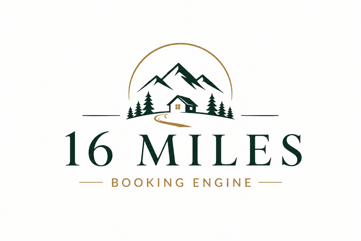 16 Miles Booking Engine logo with mountains, trees, and a cabin in green and gold