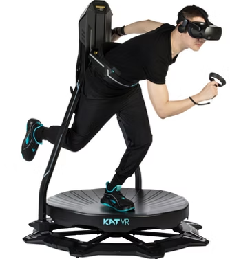 A man wearing a virtual reality headset is running on a katvr platform