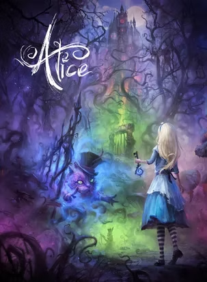 Alice in wonderland is a video game that looks like a painting of alice in wonderland.