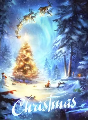 A christmas poster with a christmas tree in the middle of a snowy forest.