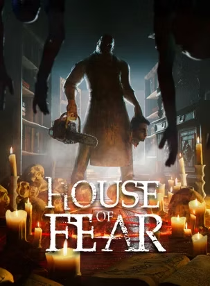 A man is holding a chainsaw in a room with candles.