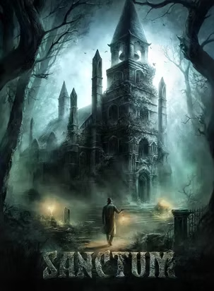 A man is walking in front of a castle in the woods.