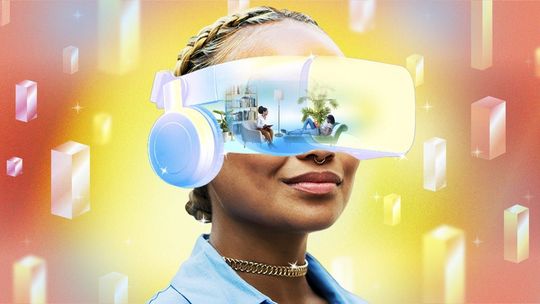 A woman is wearing a virtual reality headset and headphones.