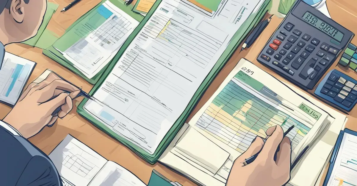 Hands calculating on documents and a calculator at a desk with green clipboards and charts
