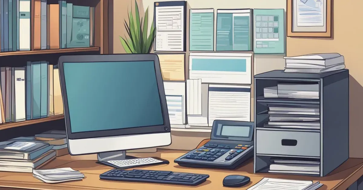 Office desk with computer monitor, keyboard, calculator, papers, and stacked files on shelves.