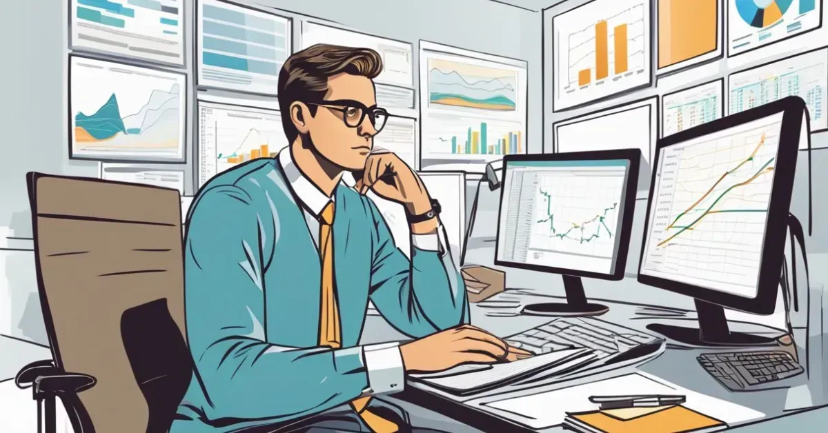 Person in glasses working at a desk with multiple monitors showing charts and graphs