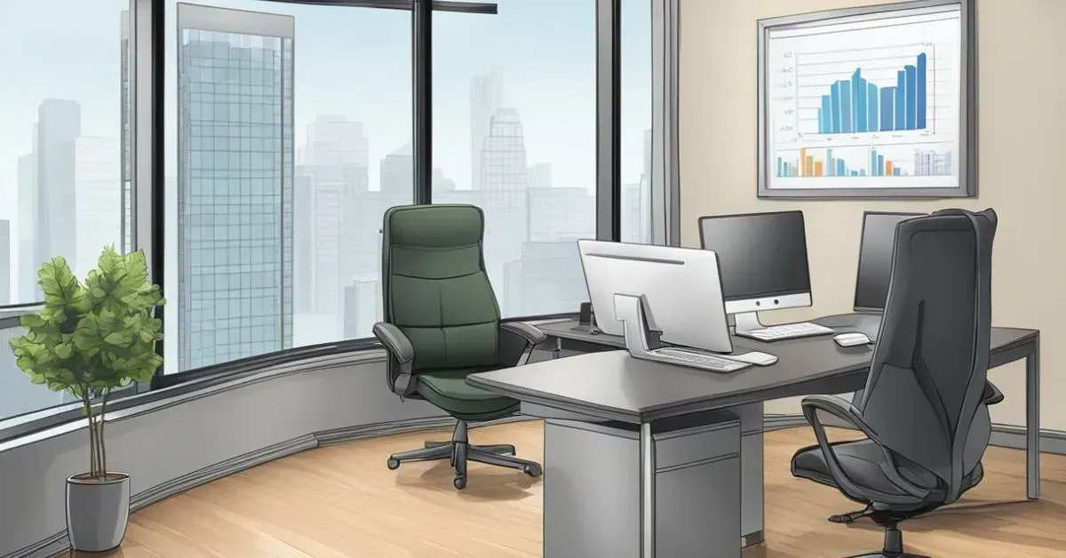 Modern office with desk, chairs, computer, and wall chart overlooking a city skyline