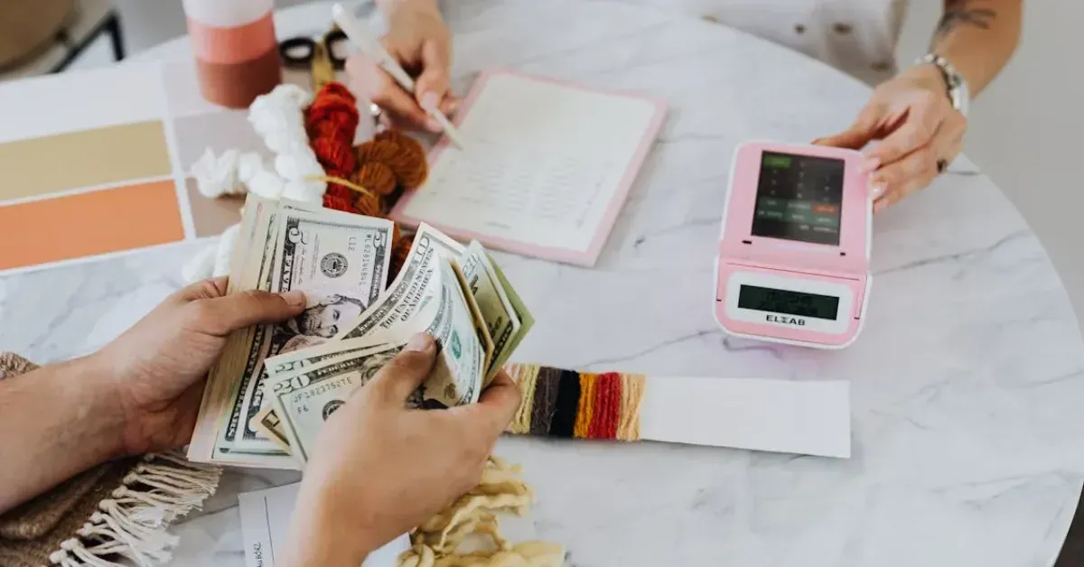 Hands counting cash at a table beside a pink calculator and notebook, with colorful bills spread out