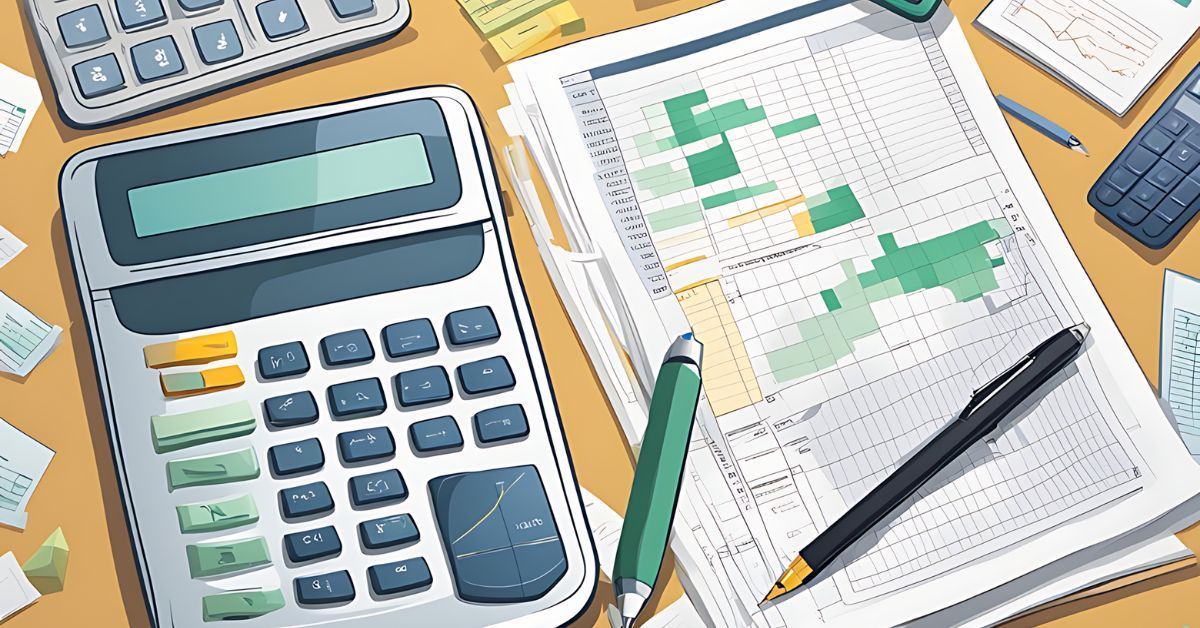Calculator, spreadsheets, and pen on a desk with financial documents and sticky notes
