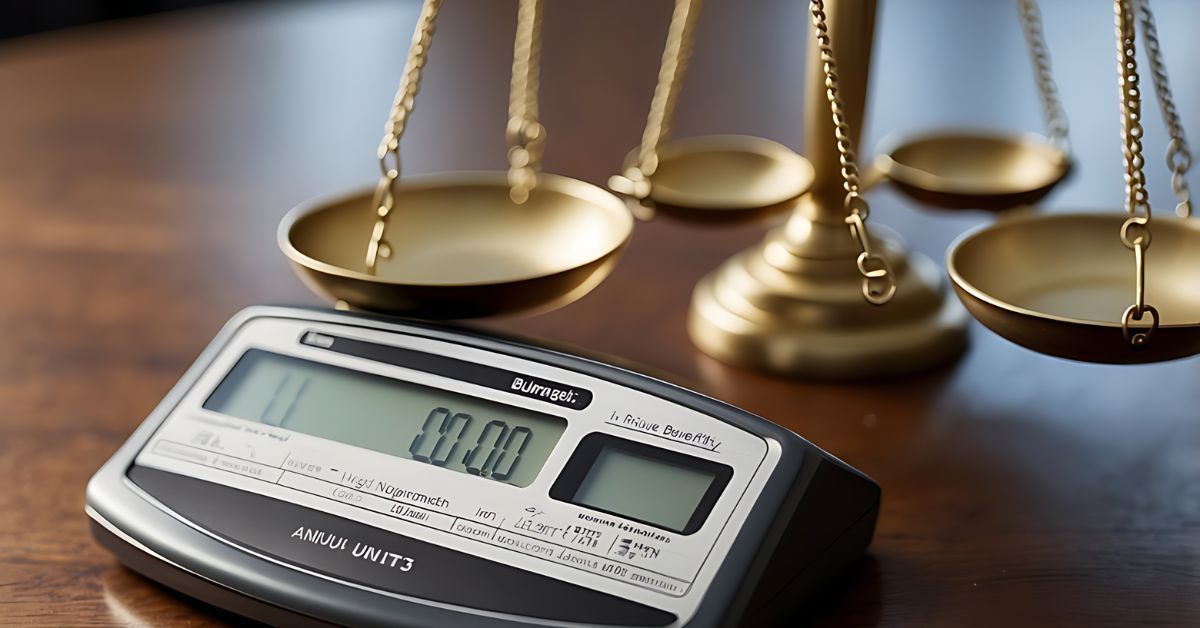 Digital scale with 0.00 display beside a gavel and brass balance scales on a desk