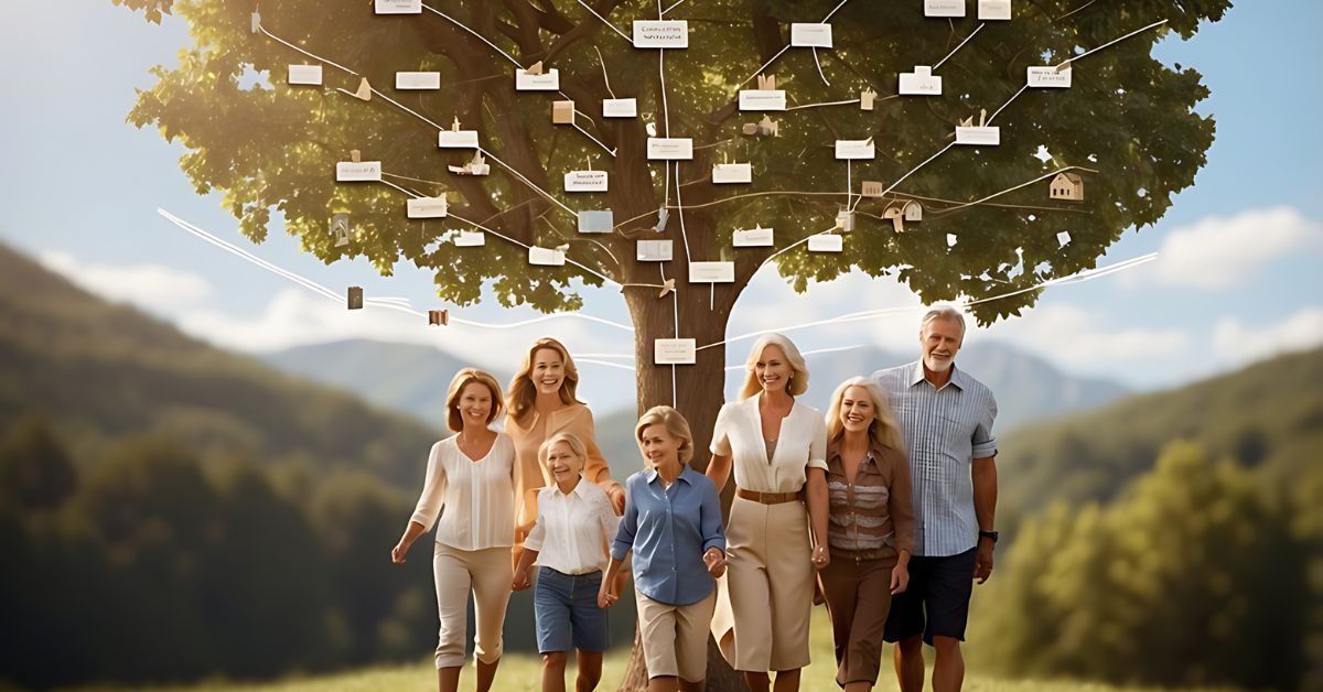 Group walking under a large tree with hanging photos in a sunlit field