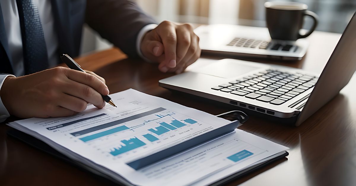 Person reviewing financial charts on a clipboard beside a laptop at a desk