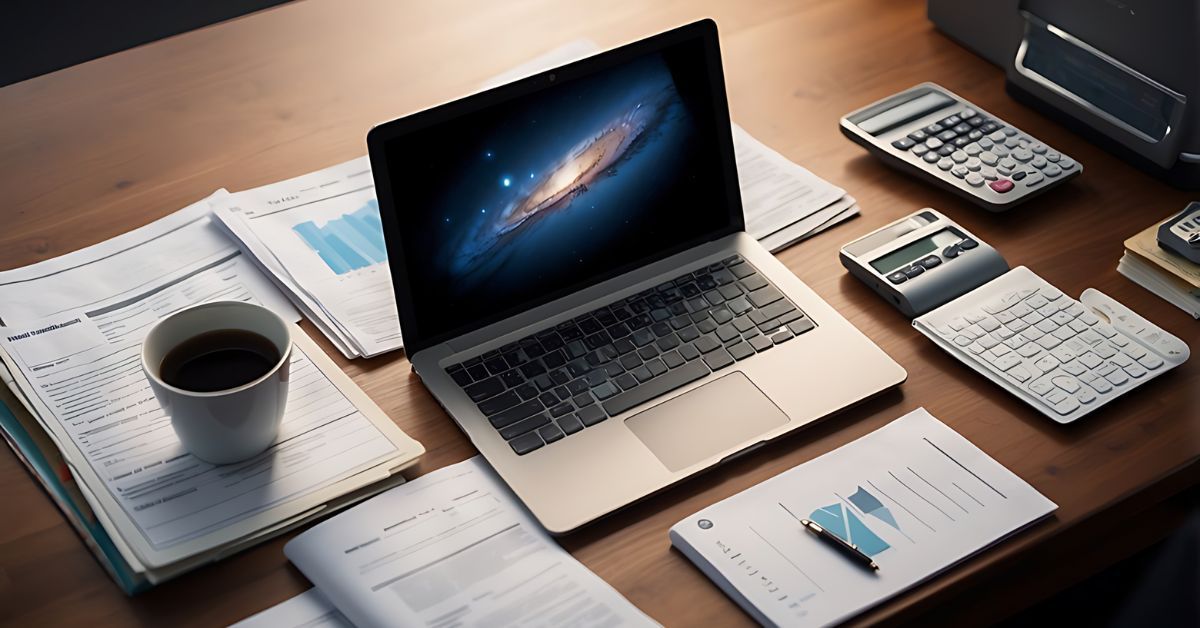 Laptop on a wooden desk with coffee, papers, calculator, and notebooks in a tidy workspace.