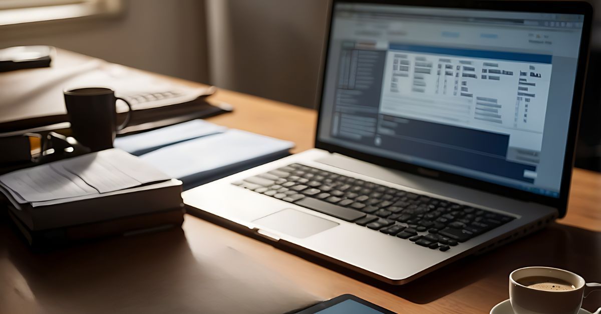 Laptop on a wooden desk beside notebooks and coffee cups in a warm office setting