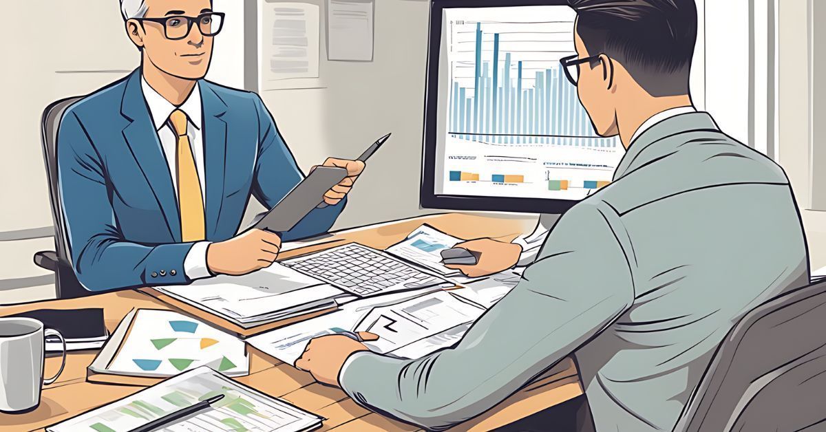 Two coworkers discuss charts at a desk with laptop, documents, and coffee in a bright office