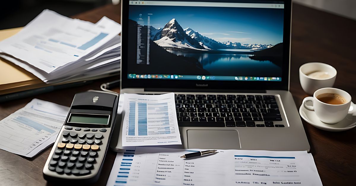 Laptop with financial documents, calculator, and coffee cups on a desk in an office setting