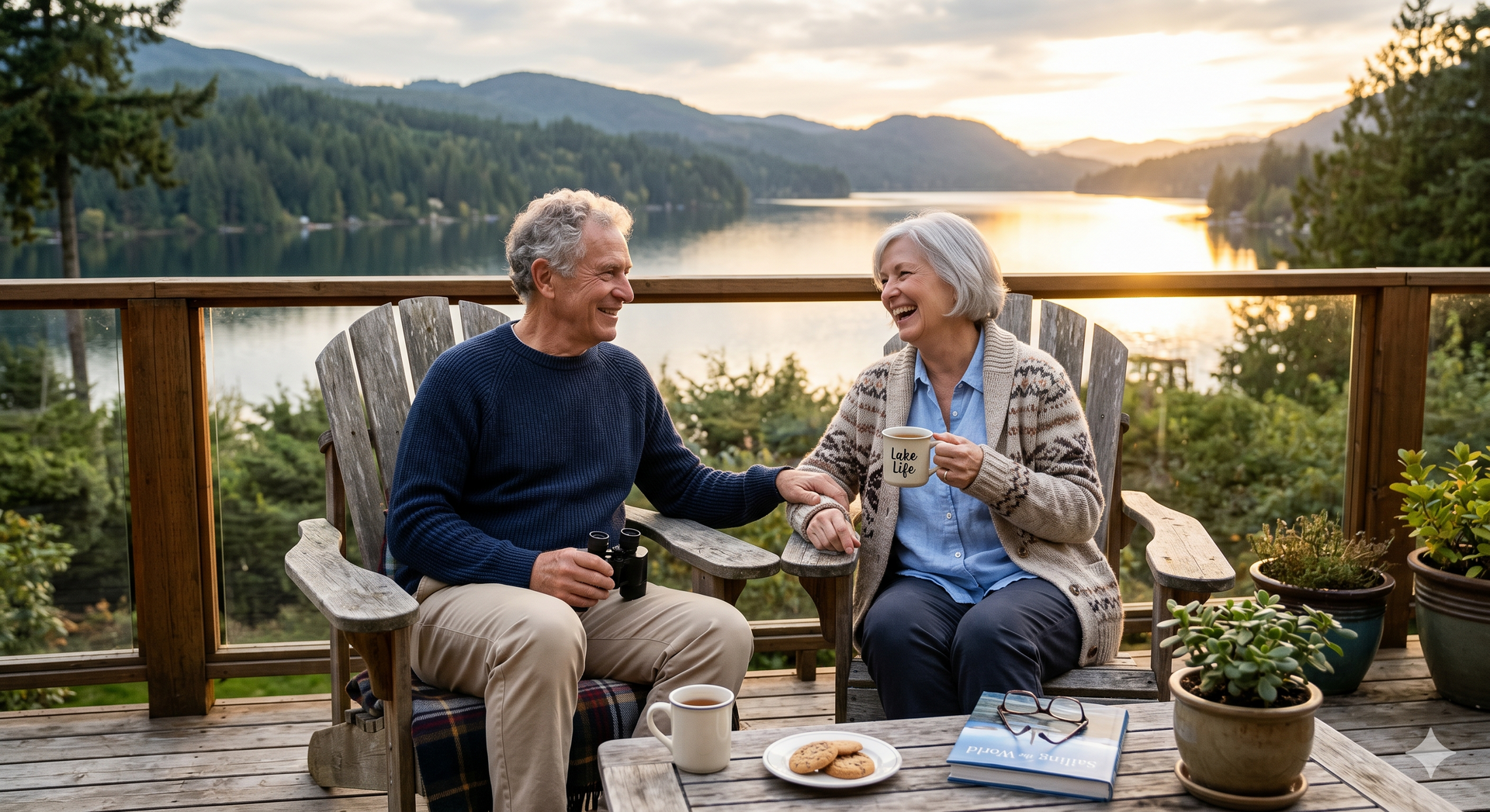 Two people chatting on a deck at sunset, with mountains and water in the background.