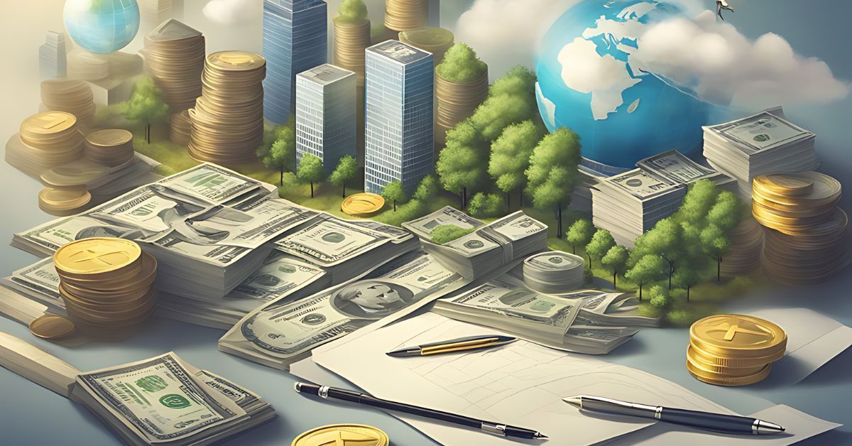 Stacks of coins, dollar bills, and globe icons on documents, suggesting finance and global business.