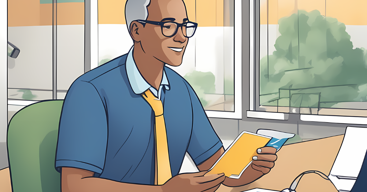 Person in a blue shirt and yellow tie holding papers at a desk near a window.