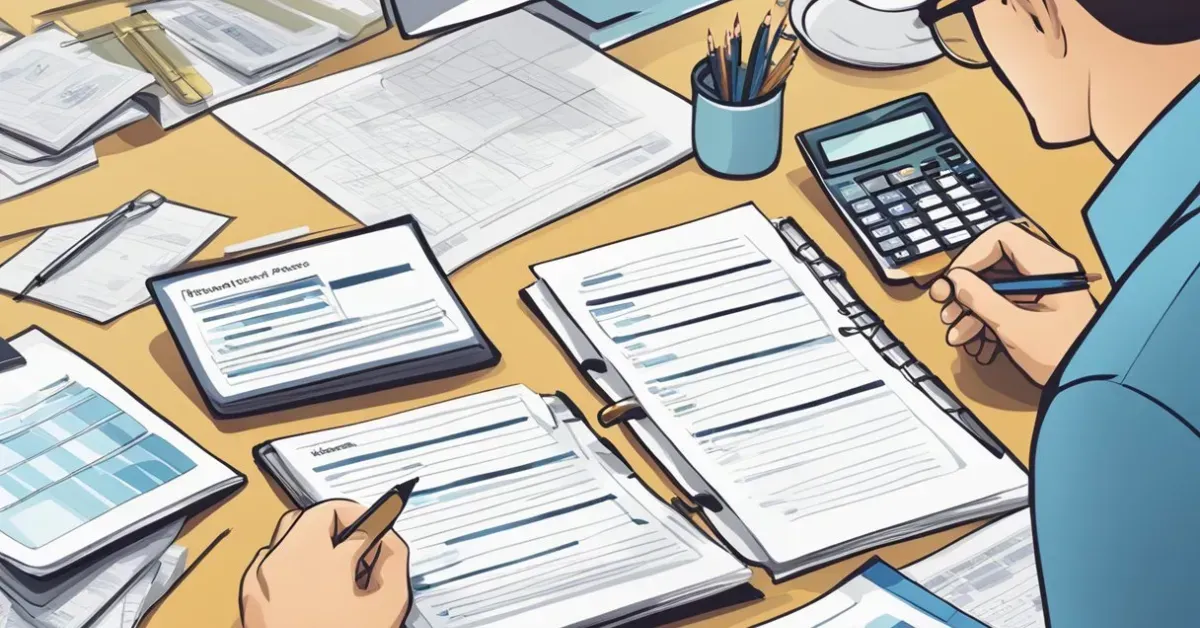 People reviewing paperwork at a desk with calculator, clipboard, and documents spread out.