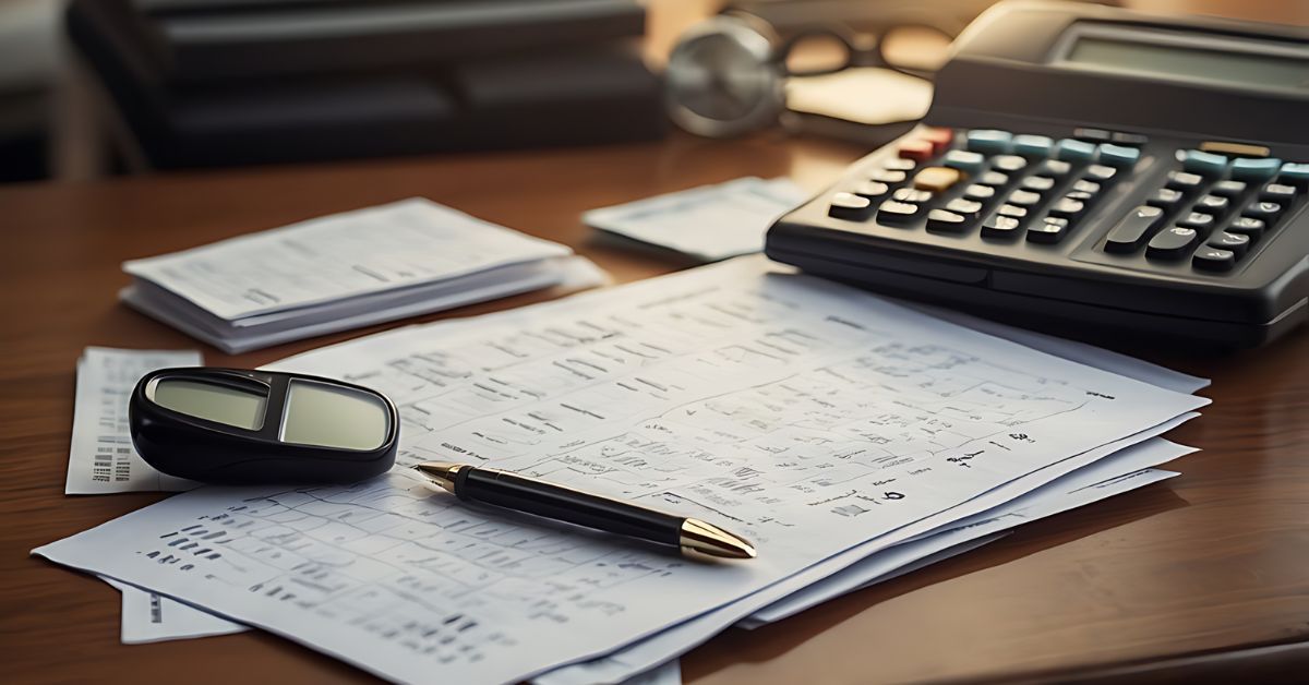 Desk with papers, pen, calculator, eyeglasses, and a coffee cup in warm office light