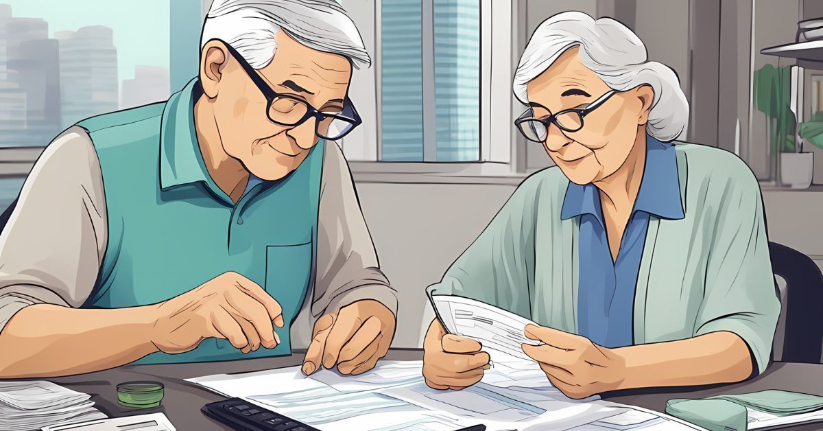 Two adults at a table reviewing papers, one pointing while the other reads, with city buildings in the background