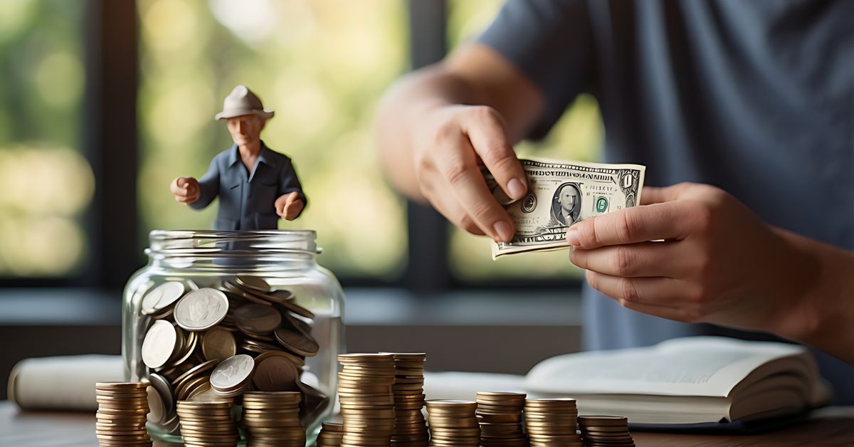 Hands counting cash beside stacked coins and a jar of money, with a small figurine on top.