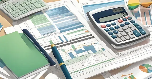 Calculator, notebooks, pen, and financial charts on a desk with a laptop.
