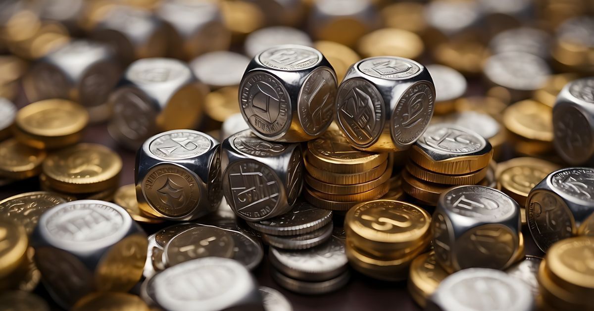 Stacks of mixed silver and gold coins scattered and piled together
