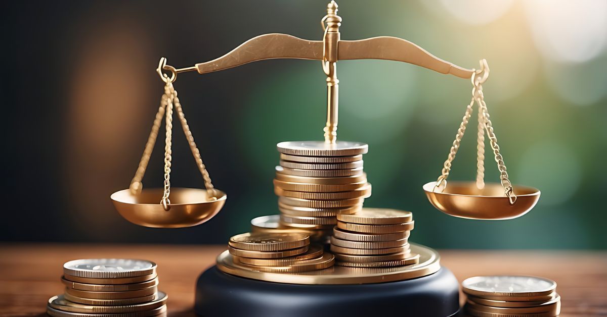 Scales of justice balancing stacked coins on a dark surface with warm blurred background